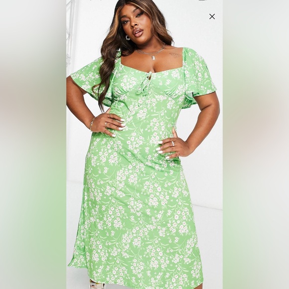 ASOS Curve Dresses & Skirts - Green flutter sleeve midi tea dress with tie detail - Curve